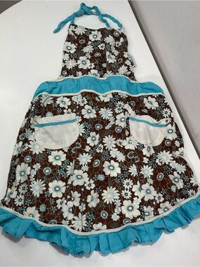 Vtg Retro Style Kitchen Apron Blue Brown Pockets Floral Print Ruffles Coquette